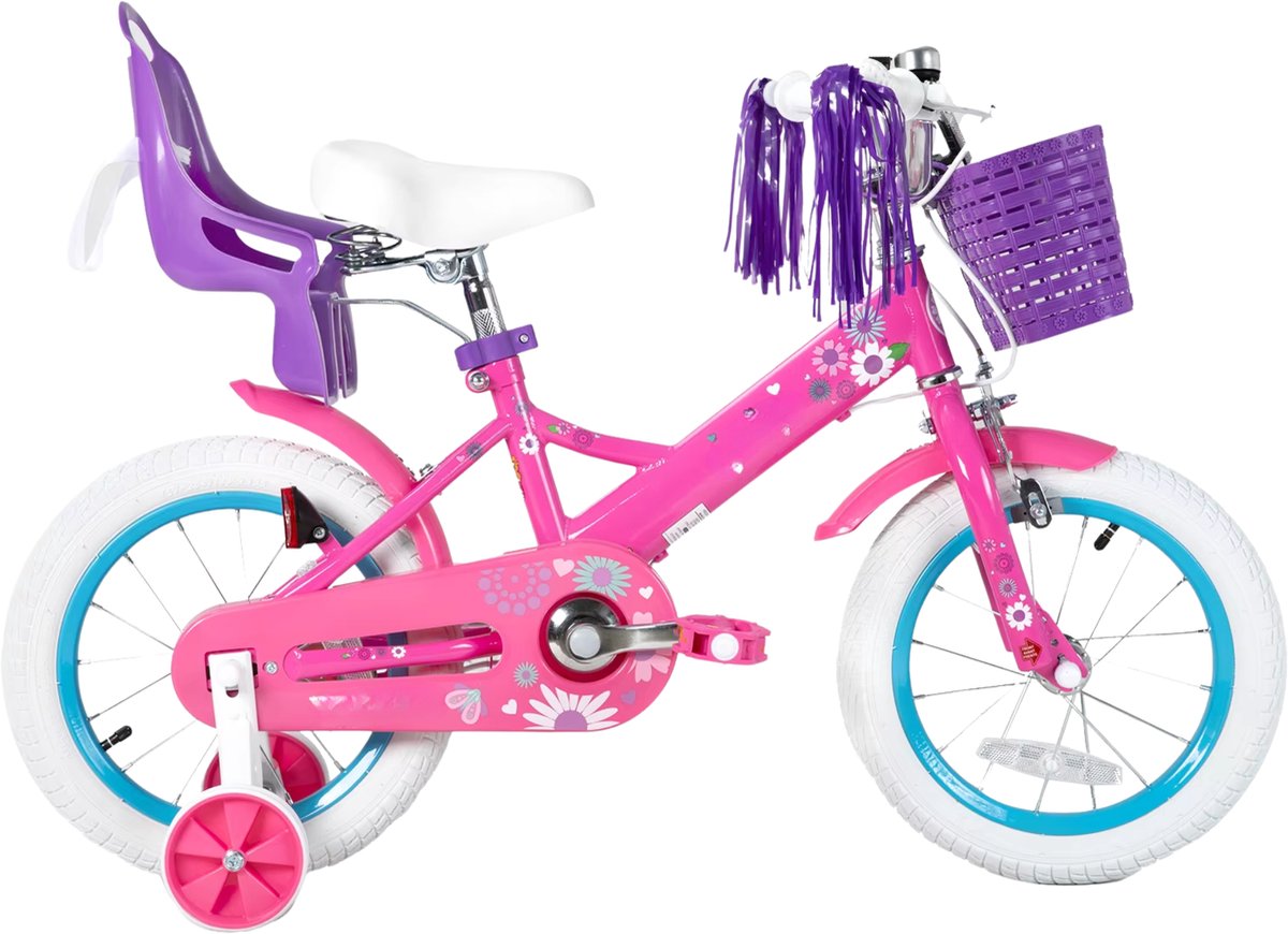 Happiq Kinderfiets – Voor en – Met d bel extra wielen en poppenzitje leuk verjaardagscadeau – Paars 36 cm