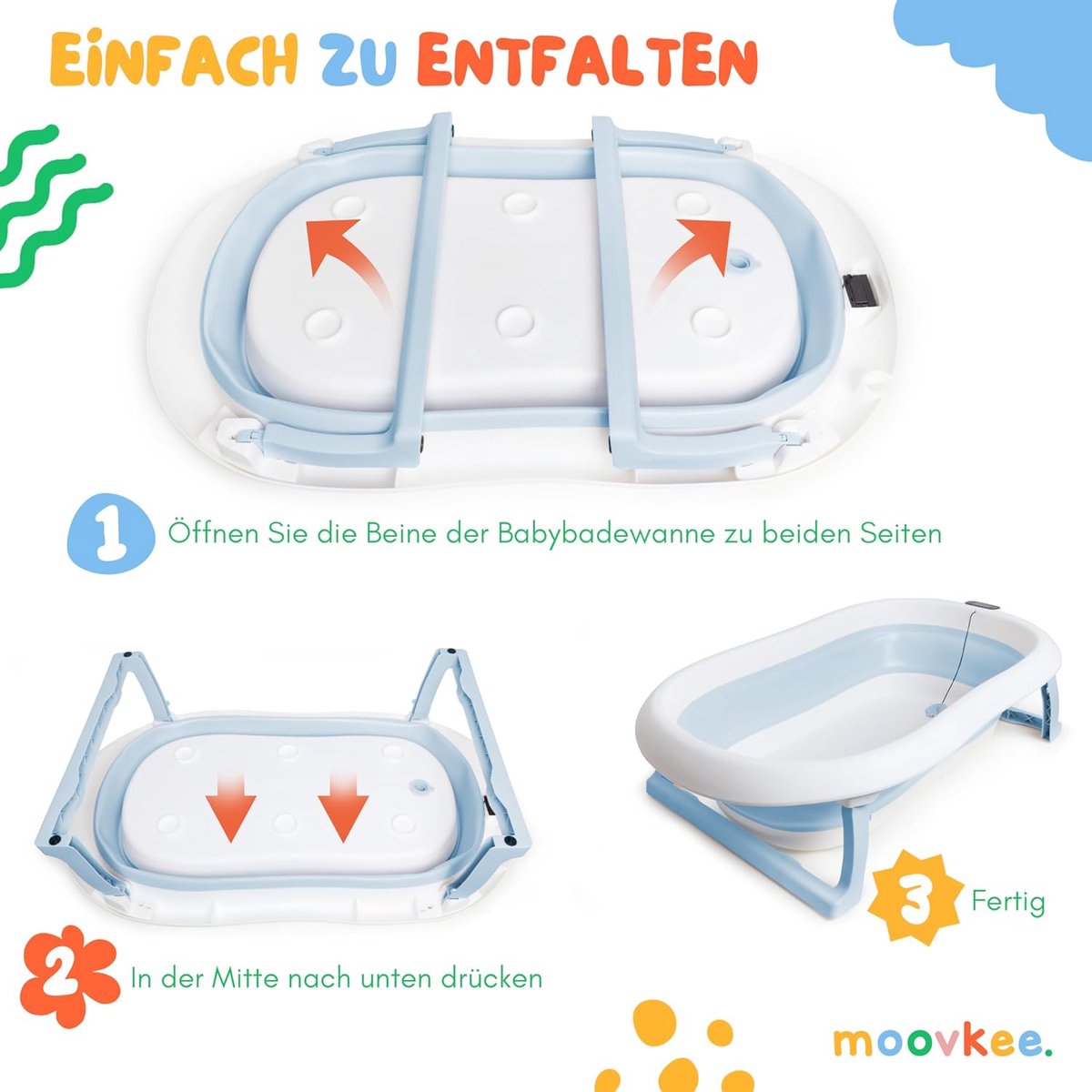 moovkee. Opvouwbaar Babybad 80 cm Blauw - Babybadewanne met Thermometer en Badesitz - Antislip Draagbare Babybadkuip voor 0-36 Maanden thumbnail 3