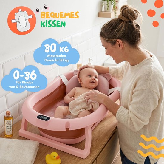 moovkee. Opvouwbaar Babybadje 80 cm Donkerroze met Thermometer & Badkussen - Antislip Draagbaar Babybad voor 0-36 Maanden van Moovkee — afbeelding 4
