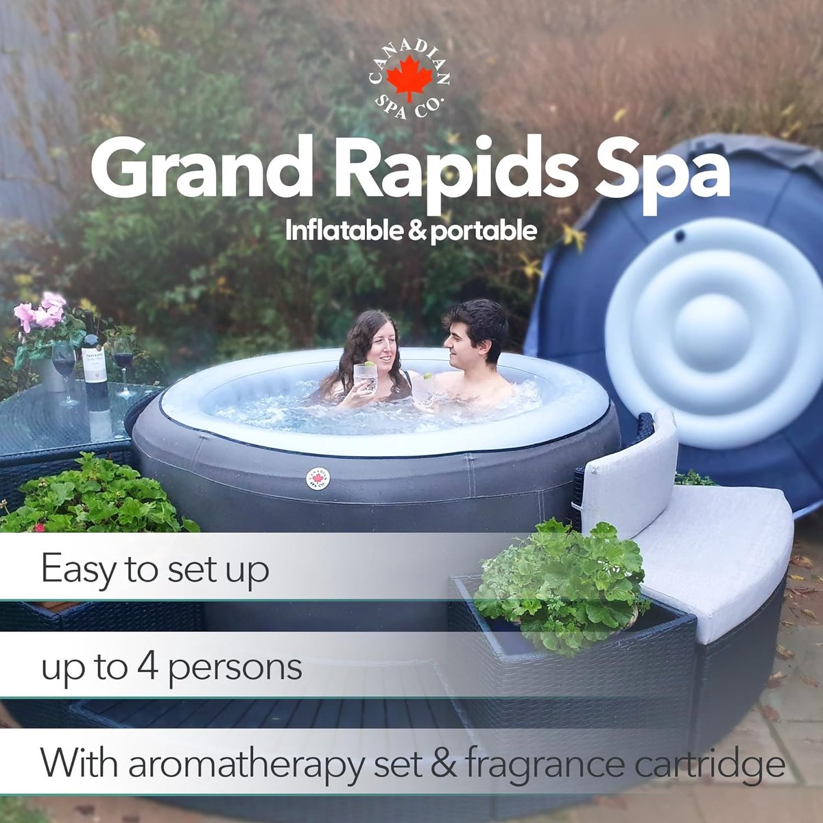 Opblaasbare Jacuzzi 180x180x90 cm – 4 Personen – 110 HydroTherapy Jets – Verwarmingsdeken – Rond Whirlpool Spa 740L – Grijs PVC Bubbelbad – Laura