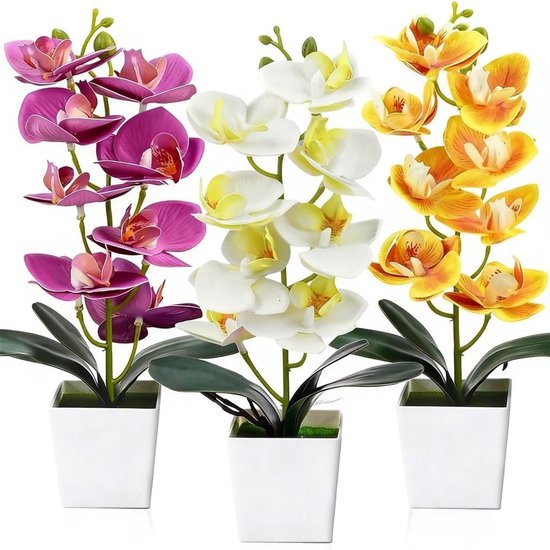 Set van 3 kunstorchideeën in pot (30 cm) - Realistische Phalaenopsis bloemen voor woonkamer, kantoor en bruiloftdecoratie in wit, roze en geel