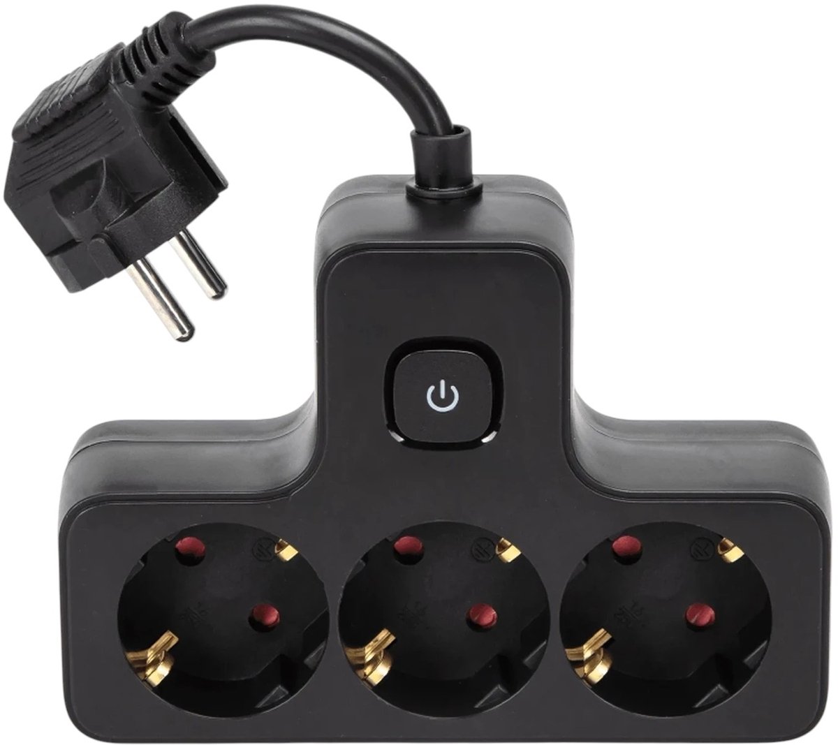 Stekkerdoos 3-voudig T-model – Korte Kabel 5 cm – 16A 250V – Max. 3680W – Met Schakelaar – Zwart PP – Binnengebruik