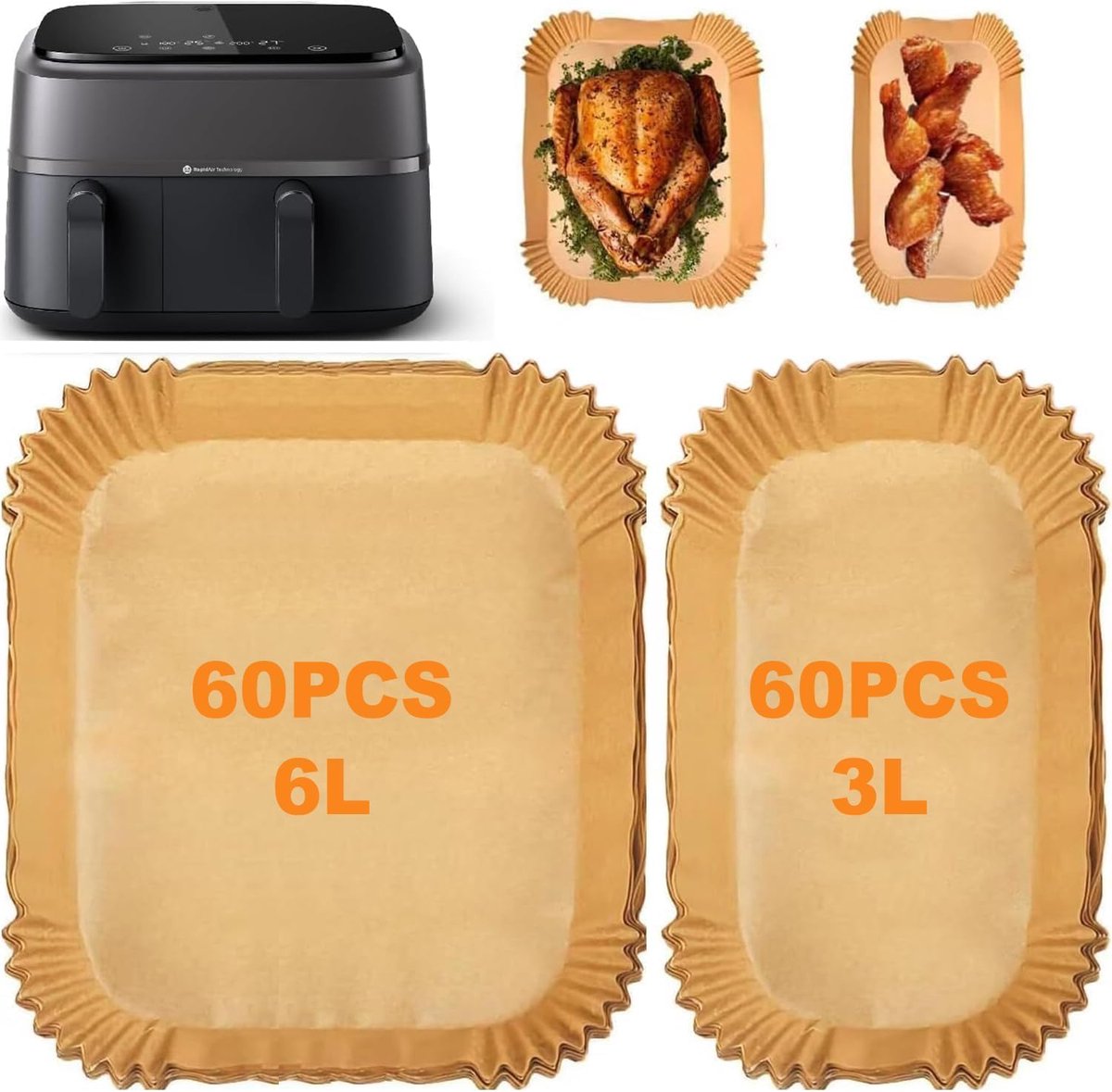 Taishengda - 120 stuks bakpapier voor airfryer – geschikt voor Philips Dual Basket 3000 Series 6L/3L, Philips NA350/00 en NA550/00, Tefal Easy Fry EY901810 en EY905D (5,2L/3,1L) – airfryer accessoires