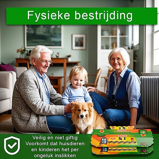 Een grootouderpaar met een kind en een hond in een woonkamer, met een stapel kokervormige kakkerlakkenvallen op de voorgrond. Tekst over veiligheid voor huisdieren en kinderen.