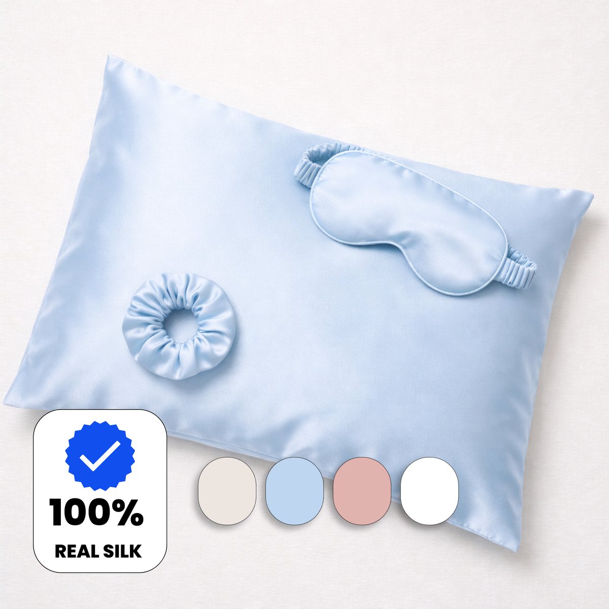 Muné Bedding Zijden Set 3-delig - Kussensloop 60x70 + Slaapmasker + Scrunchie - 100% Moerbeizijde 19 Momme - Silk Pillowcase - Licht Blauw