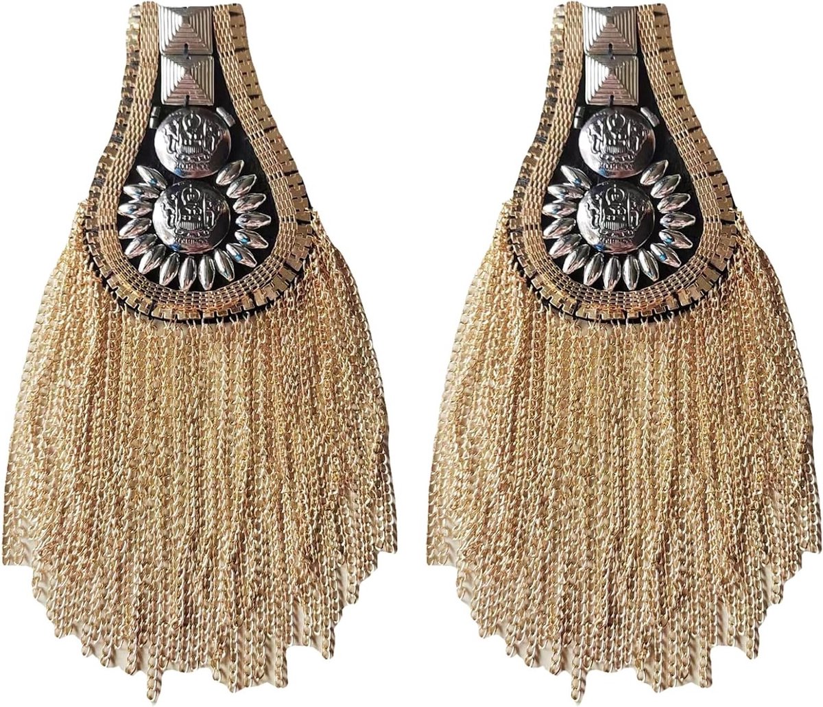 Schouderbordenset met Punkstijl en Ketting, Geschikt voor Kostuumfeesten, Militair Uniform en Podiumoptredens - 2 Stuks in Goud