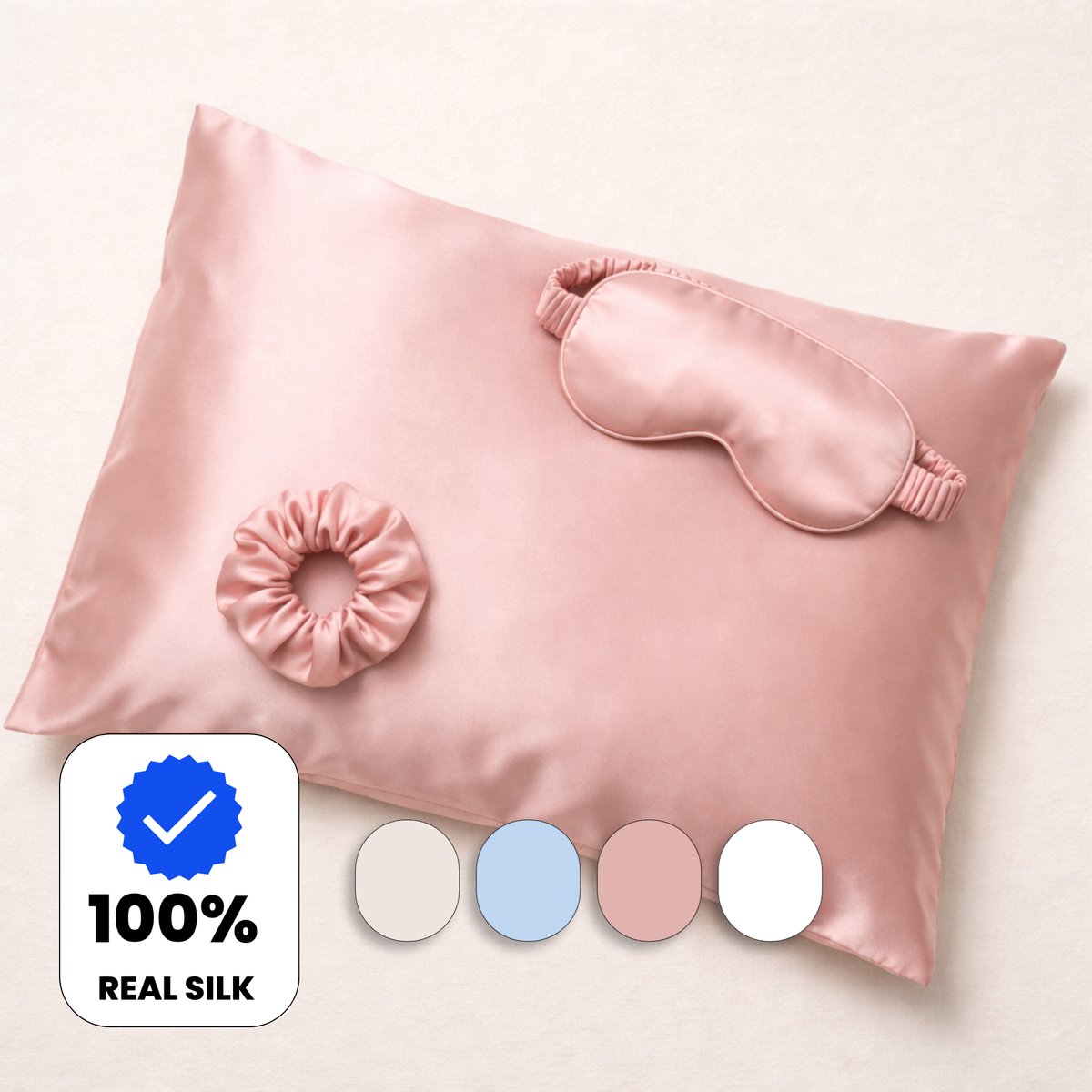 Muné Bedding Zijden Set 3-delig - Kussensloop 60x70 + Slaapmasker + Scrunchie - 100% Moerbeizijde 19 Momme - Silk Pillowcase - Roze