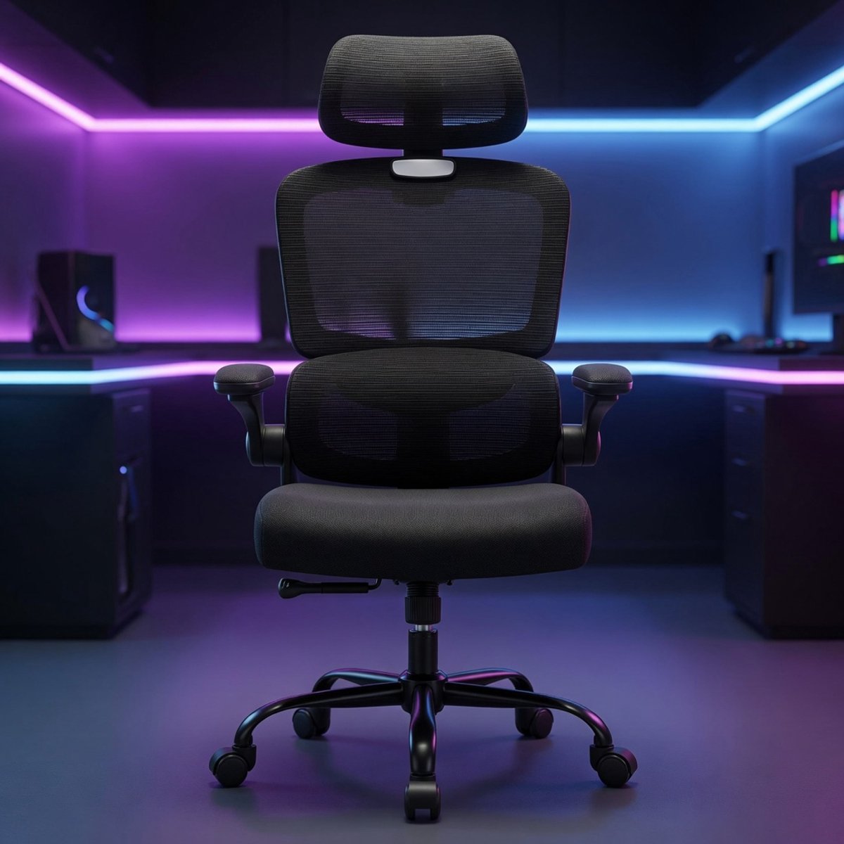 Ergonomische Bureaustoel met Lendensteun & Hoofdsteun – Verstelbare Gaming & Kantoorstoel 150 kg – Ademende Mesh – Zwart – Mobili Bella