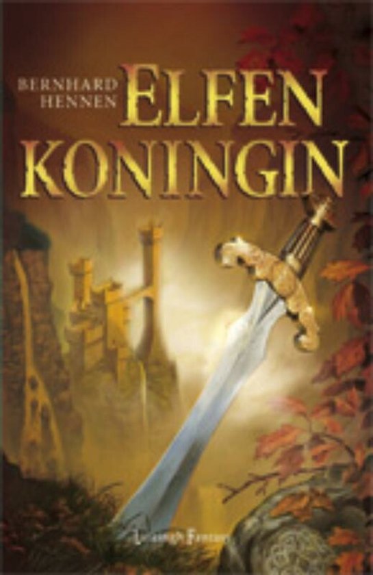 Boekomslag "Elfenkoningin" met kasteel, zwaard en bladeren.