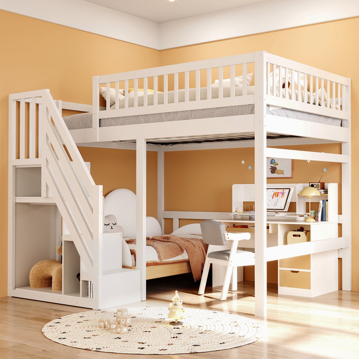 Lemonbest Hoogslaper 140x200 cm - kinderbed met opbergtrap - massief houten bedframe - hoog veiligheidshek - ruimtebesparend - wit