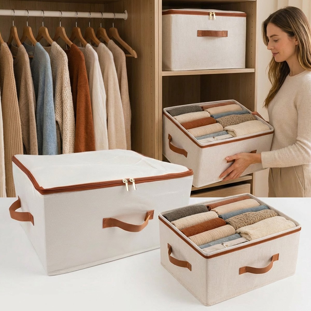 Webzon Linnen Opbergdoos met Rits en Deksel – 25L Opbergbox voor Kleding & Kast – Opvouwbaar, Stofdicht & Vochtbestendig – Beige – 40x30x21 cm – 2 Stuk