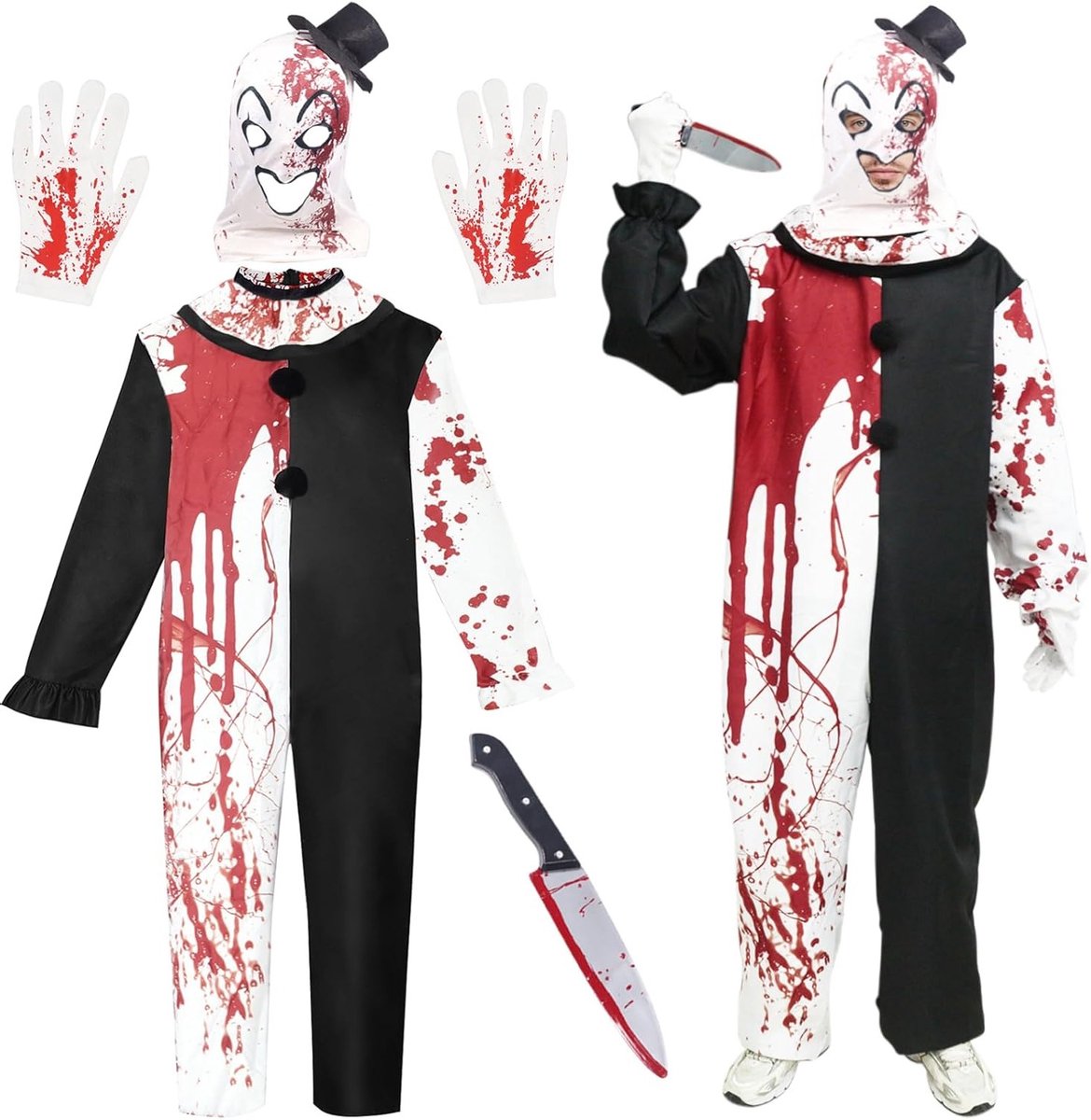 Terrifier Kostuum voor Halloween - Killer Clown Outfit met Hoed en Cosplay Masker voor Mannen - Horror Kostuum voor Carnaval en Feestjes