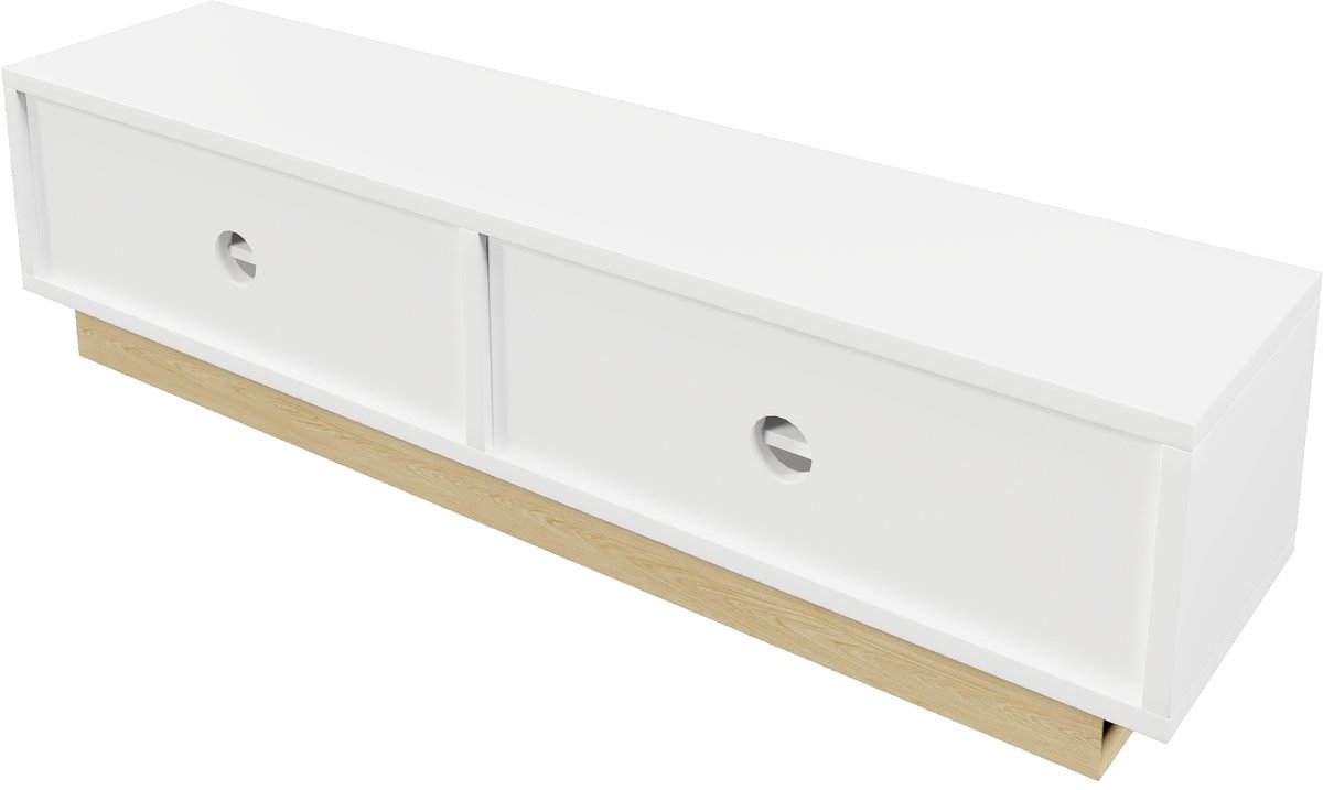 Serie Metro - TV Meubel 175 cm - Wit & Houtlook - Minimalistisch Gebogen Design - Ruime Opbergruimte & Kabelmanagement