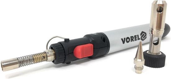 Zilverkleurige VOREL gas soldeerbout met rode schakelaar, naastgelegen soldeerpunt en houder.