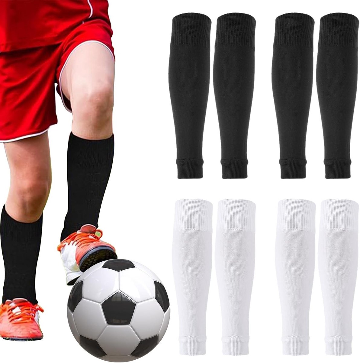 Ademende Voetloze Kousen voor Mannen - 4 Paar Halve Elastische Beenmouwen Geschikt voor Voetbal en Basketbal (Wit + Zwart)