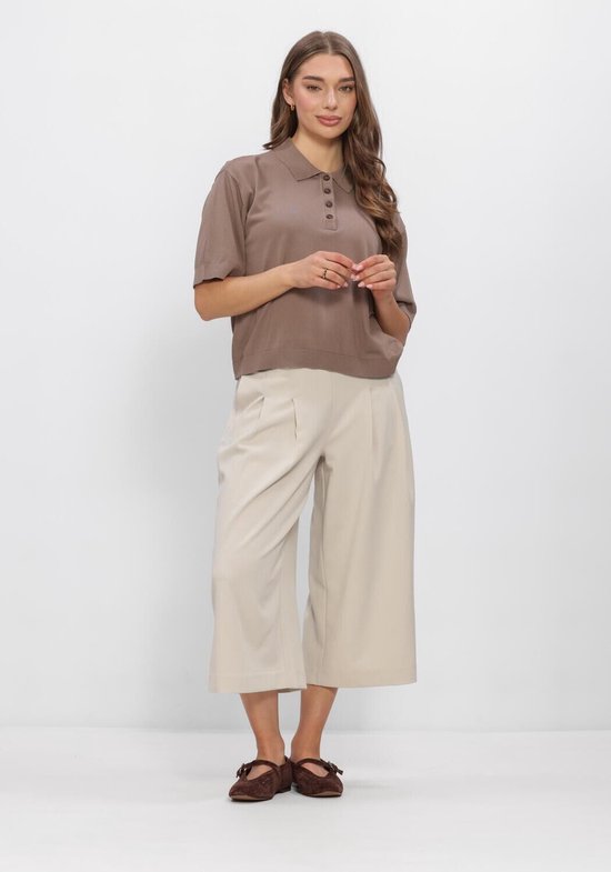 Beige culotte broek met plooien, gedragen met een bruin poloshirt.