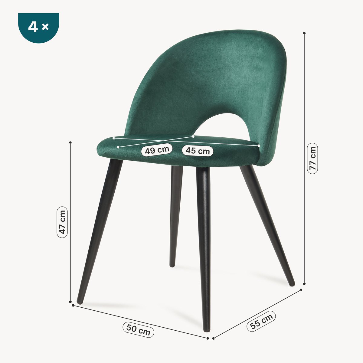 Eetkamerstoelen Karijo set van 4 fluweel 77x50x55 cm donkergroen en zwart [en.casa]
