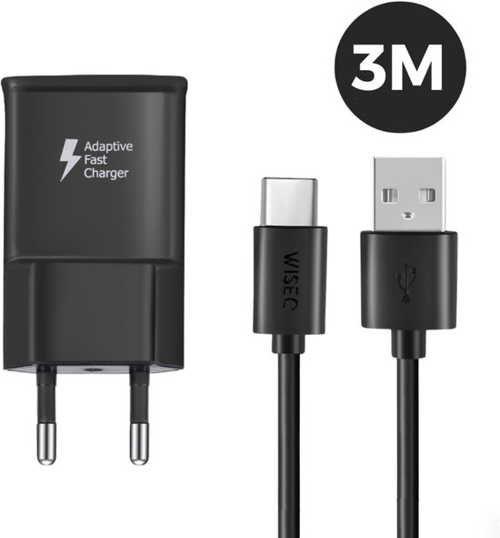 WiseQ Snellader USB C - Geschikt voor Samsung - 18W Fast Charger - Inclusief USB C Kabel 3 Meter - Zwart