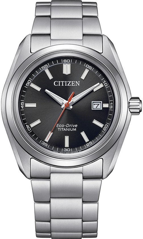 Citizen horloge met donkergrijze wijzerplaat, zilverkleurige band en datumvenster.