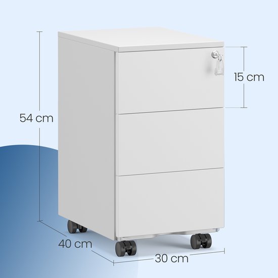 Afmetingen van een wit, metalen ladeblok met 3 lades op wielen: hoogte 54 cm, breedte 40 cm, diepte 30 cm.