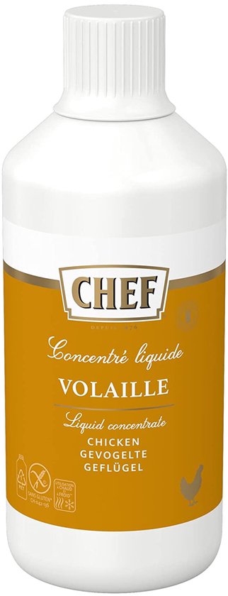 Witte fles met oranje label, waarop staat 'CHEF Concentré liquide VOLAILLE Liquid concentrate CHICKEN GEVOGELTE GEFLUGEL'.