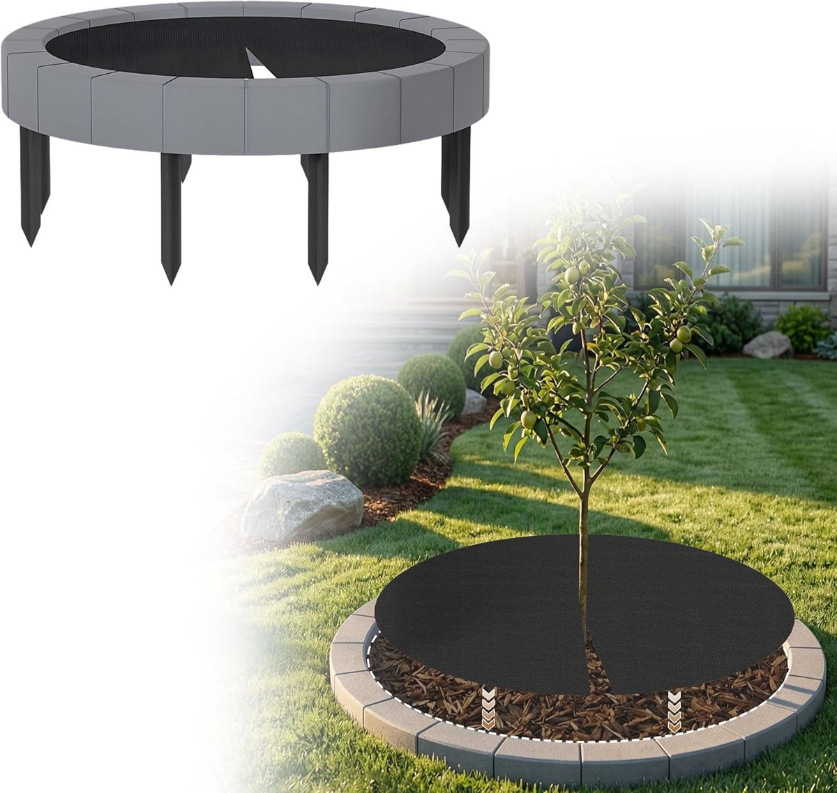 Boomring Gazonrand - Met Onkruidbestrijdend Vlies & Grondpinnen - Weerbestendige Wortelbescherming - Rand voor Robotmaaiers - Voor Bomen En Struiken - Tuin - Grijs - Ø80 cm - NAIZY