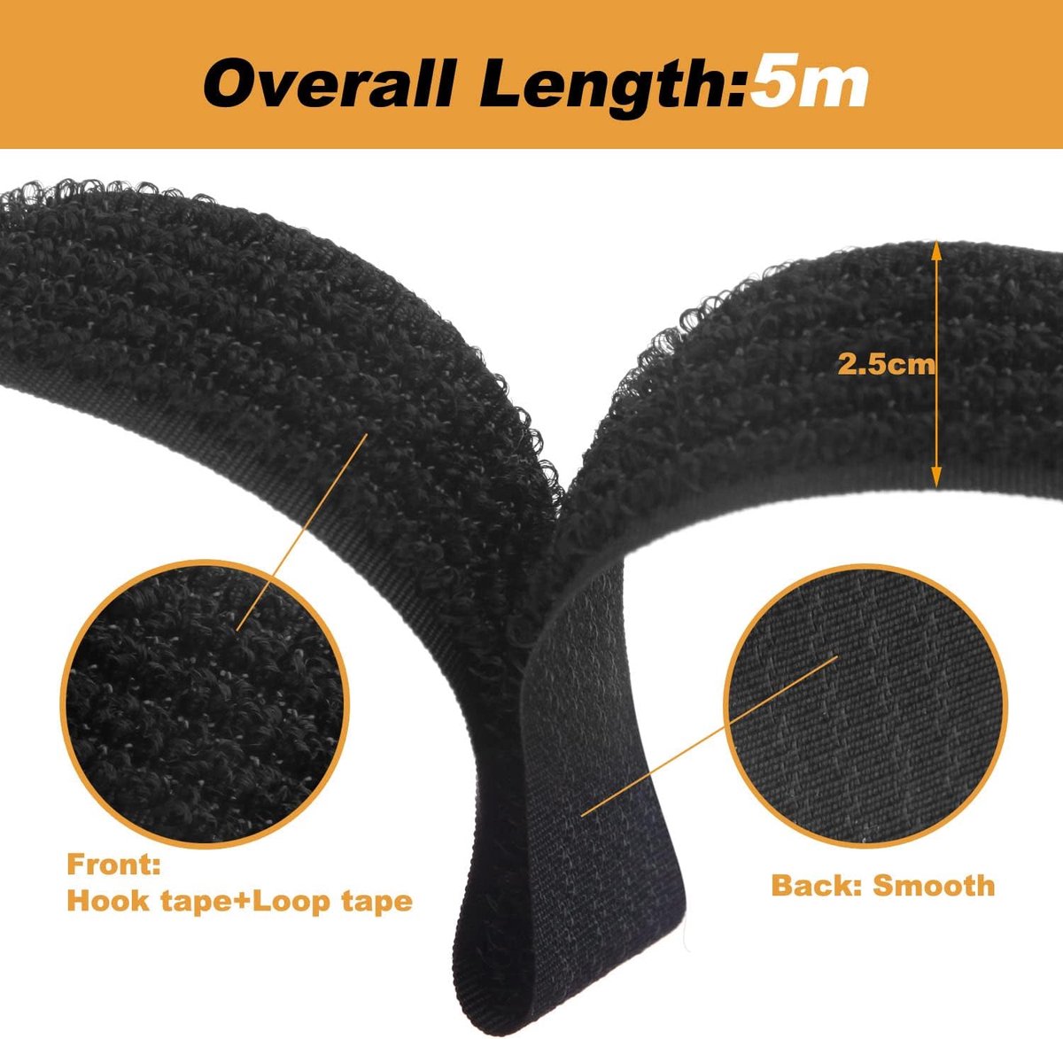 Gigicial Klittenband Set – 5 Meter x 2,5 cm – 25 Gespen – Herbruikbare Kabelbinders – Zwarte Hersluitbare Klittenband voor Kabelmanagement en Organisatie