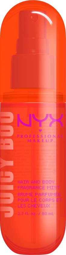 Oranje sprayflesje met de tekst 'JUICY BOO' en NYX Professional Makeup