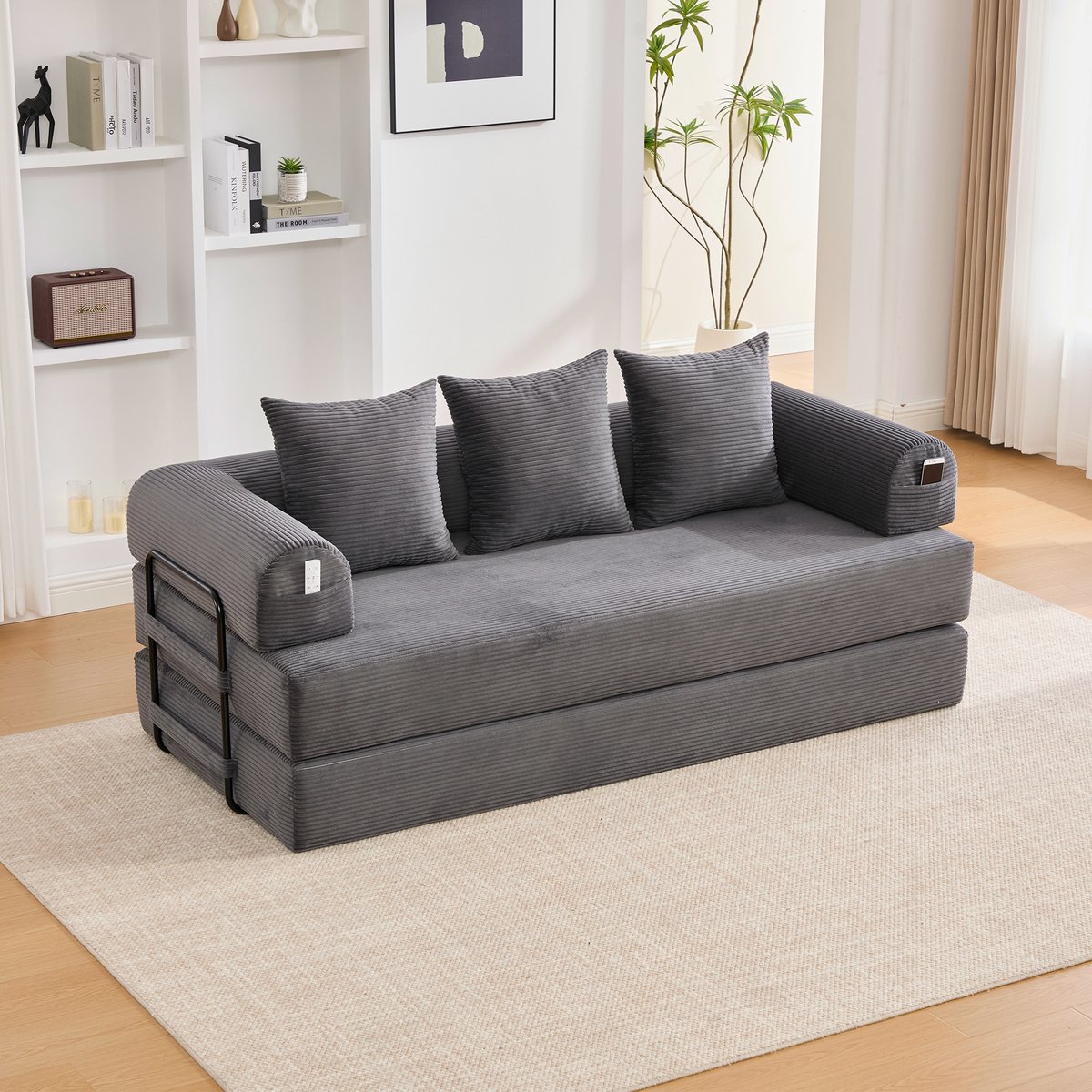 MIVRAY Hoekbank 200 x 94 x 67 cm - Modulair Met Zijvak En 3 Kussens - Voor Woonkamer En Appartement - Ribfluweel Donkergrijs Hout