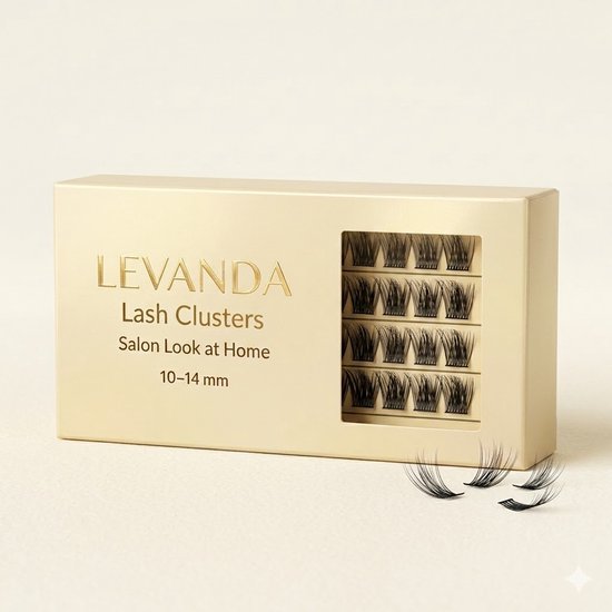 Doosje Levanda Lash Clusters "Salon Look at Home" 10-14 mm, met een venster waar 12 bundels wimpers zichtbaar zijn.