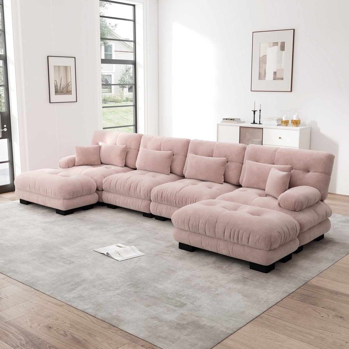 MIVRAY Hoekbank Modulair - 4-Zits Met Verplaatsbare Ottomans En Diepe Zit - Voor Woonkamer Of Kantoor - Chenille Roze
