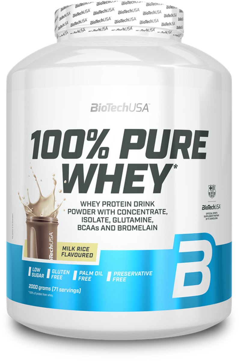 BioTechUSA 100% Pure Whey | Eiwitpoeder met BCAA en Glutamine | Glutenvrij, Palmolievrij | 21g Eiwit per portie, 2 kg, Melk Rijst
