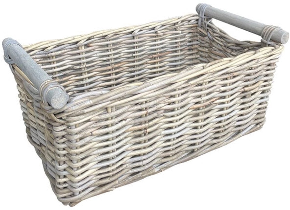 Rotan Opbergmand Met Houten Handvatten - 63x35xH24 cm