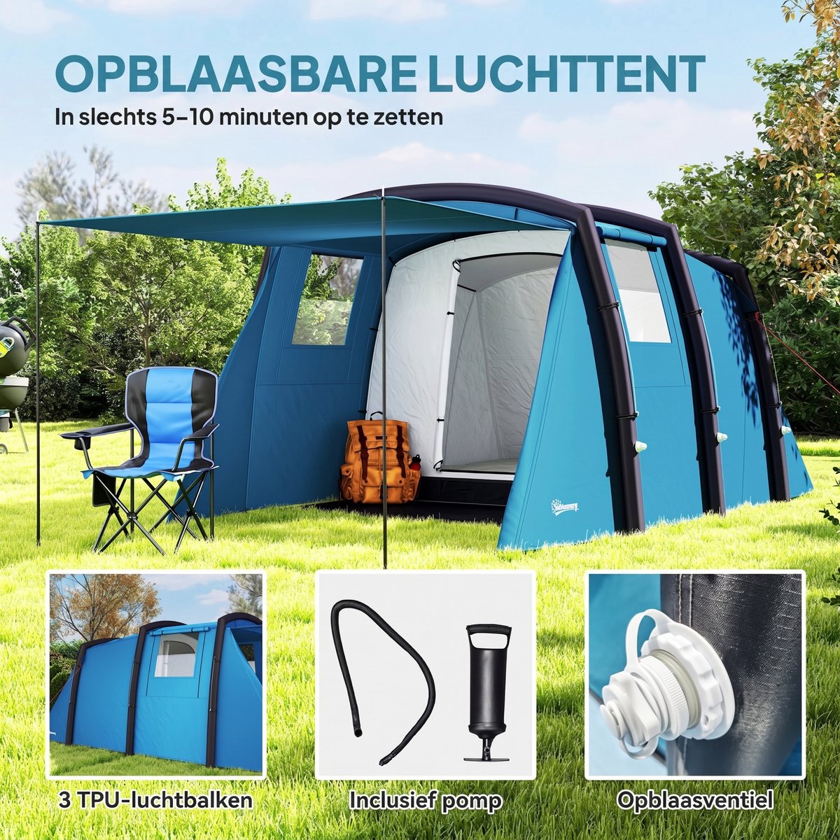 Familietent - Opblaasbare tunneltent - Buitentent - Aufblasbares Campingzelt 3-6 Personen - Met zijramen en deur - Opblaasbare constructie - 4,4 x 2,8 x 1,95 meter - Zonbescherming - Waterdicht - Blauw – foto 8
