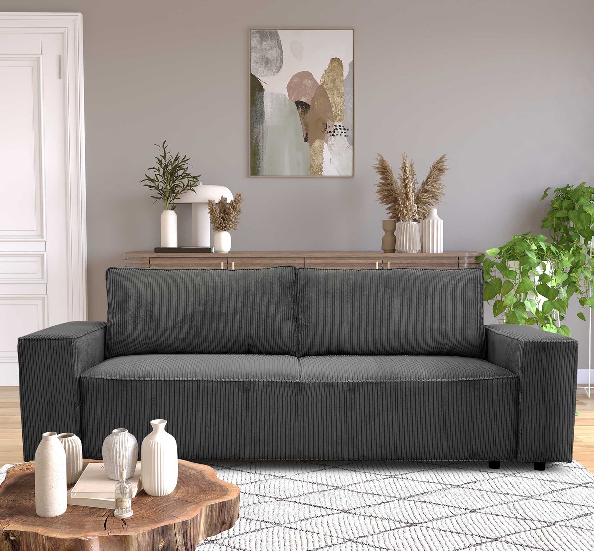 3-zitsbank Josh - 239x86x85cm - Met Opbergruimte - Antraciet Ribfluweel