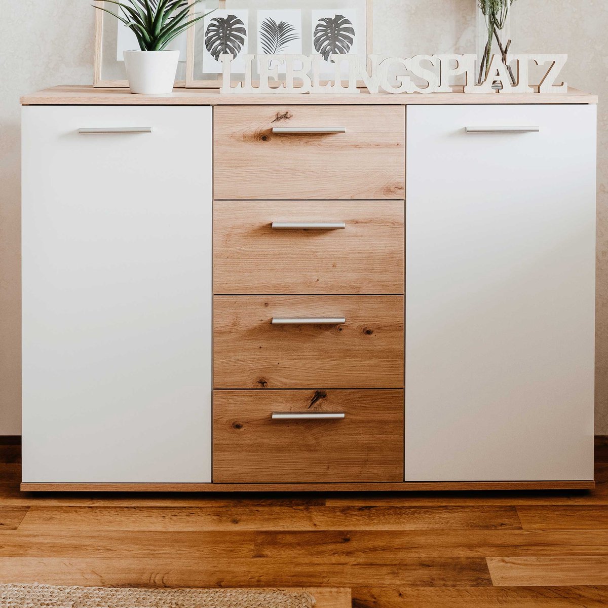 Commode Jakob 120cm 2 Deuren & 4 Lades - Artisan Eik/wit