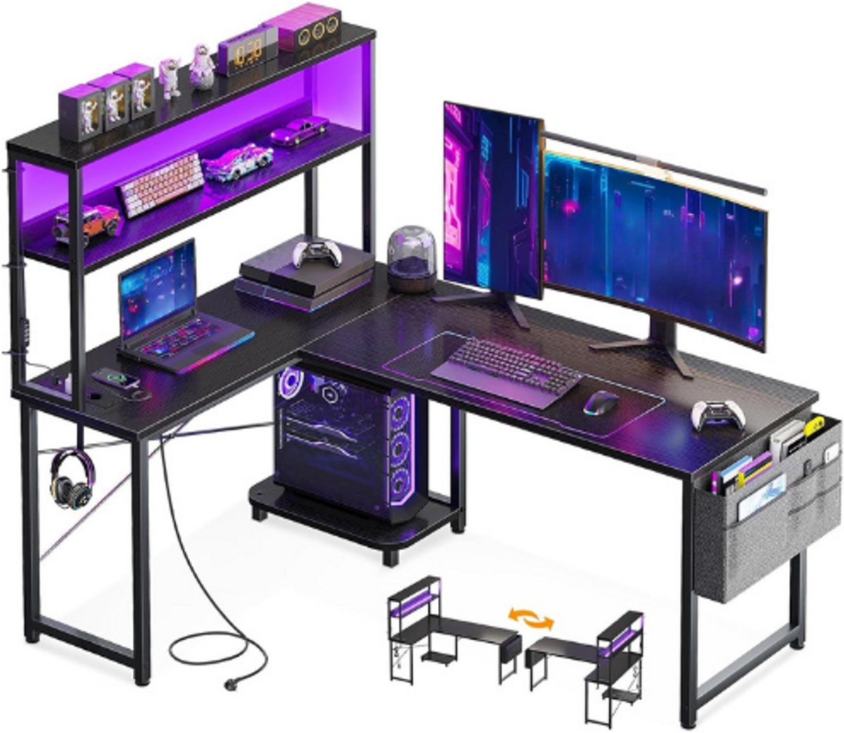 COLESHOME Gaming Bureau Met LED Verlichting En Stopcontacten 135x100 cm - Hoekbureau Draaibaar Met Planken En Opbergtas - Ergonomisch Gamer Bureau - Zwart
