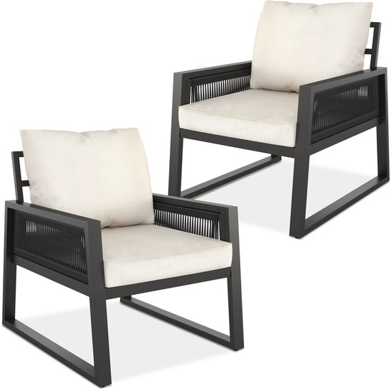 tectake® Rope Design Loungeset voor Tuin, Terras of Balkon - Tuinset met 2 Tuinstoelen - Inclusief Weerbestendige Kussens - Aluminium Frame met in Hoogte Verstelbare Voetjes - 2 Personen - Loungestoelen