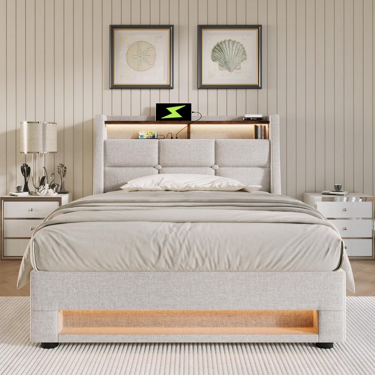 Luxe Geïntegreerd Opbergbed met LED Verlichting, USB Oplaadpunt en Hydraulische Opbergruimte 90x200 cm – Gestoffeerd Kinder- en Eenpersoonsbed met Lattenbodem in Linnen Beige
