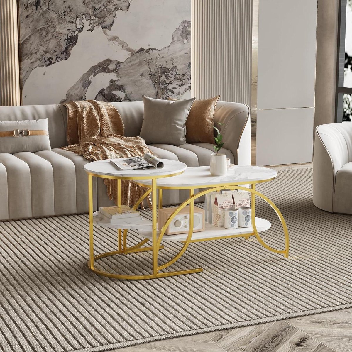 Stapelbare Tafels - Set bijzettafels - Woonkamer Decoratie - Stabiel metalen frame - 46 x 80 cm - Goud wit