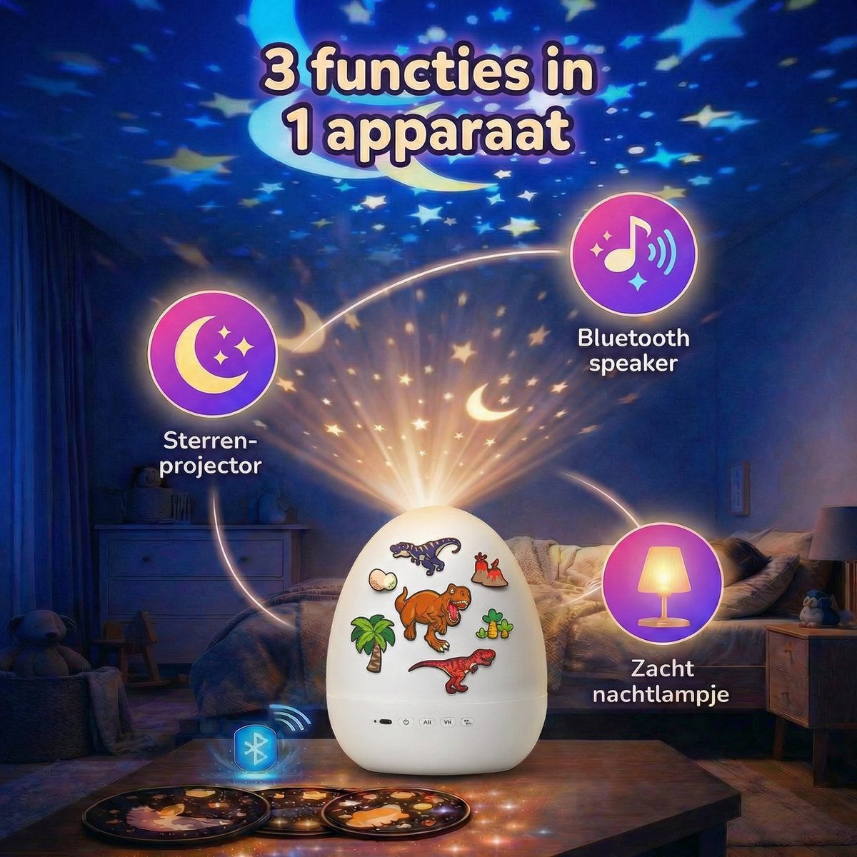 Sercano Dinosaur Projector - Bluetooth Speaker - Sterrenhemel projector & Kinder Nachtlampje - 6 Thema's - Oplaadbaar - 5 uur Gebruiksduur - Schattig Cadeau – foto 2