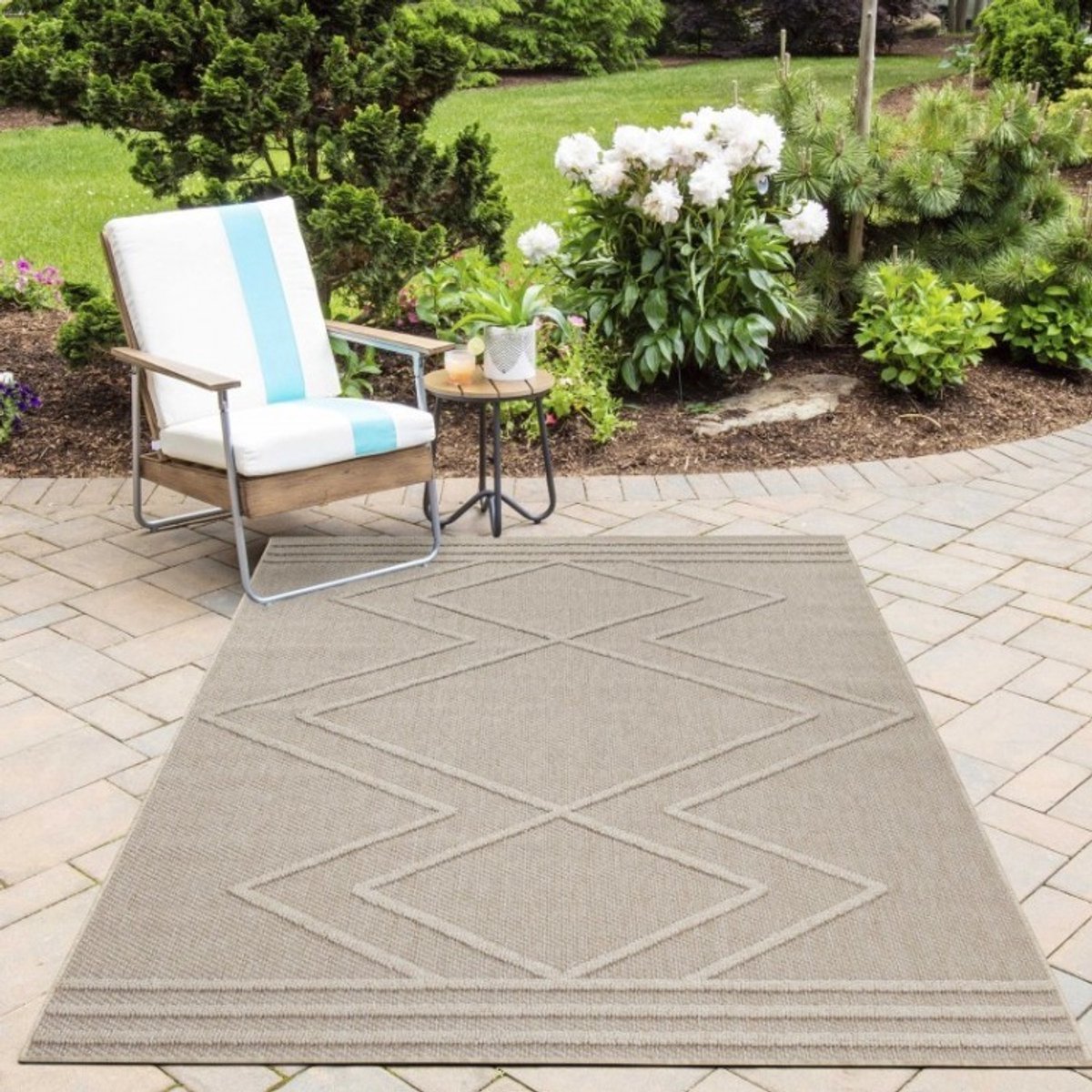 Buitenkleed met geometrisch patroon, beige kleur, voor keuken en balkon, UV-bestendig. 200x290 cm