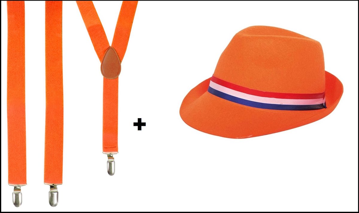 1x Festival hoedje oranje + 1x Bretel oranje - Koningsdag EK WK Holland festival thema feest Orange
