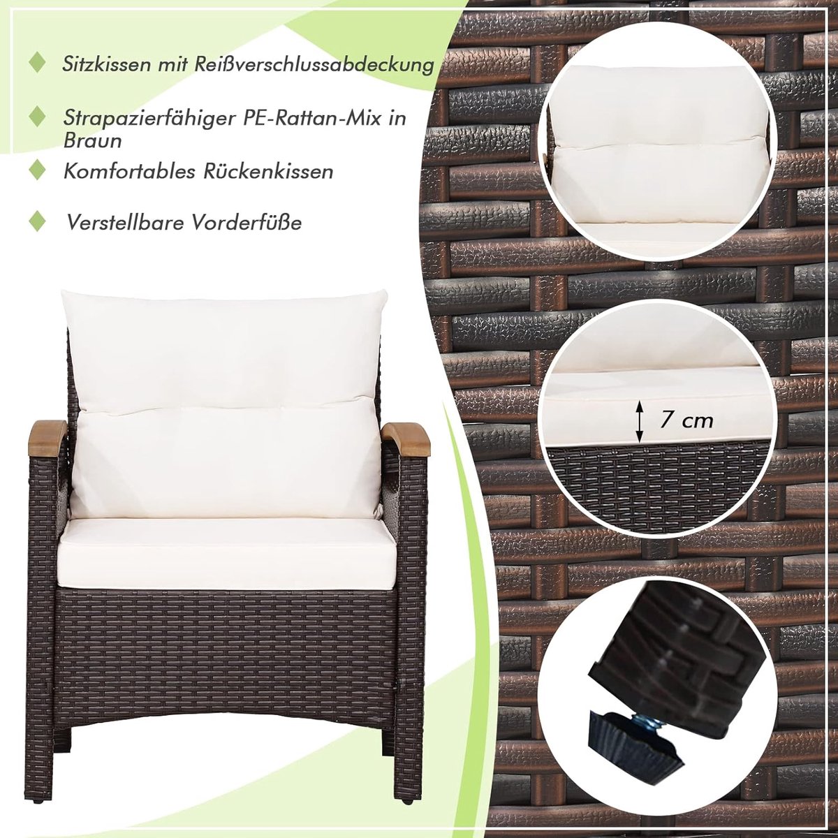 Tuinmeubelset 3-delig 64 x 60 x 74 cm – Luxe PE Rotan Loungeset met Acaciahouten Tafel & Comfort Kussens – Weerbestendige Balkon & Terras Set Crème-Wit – Nicolehome