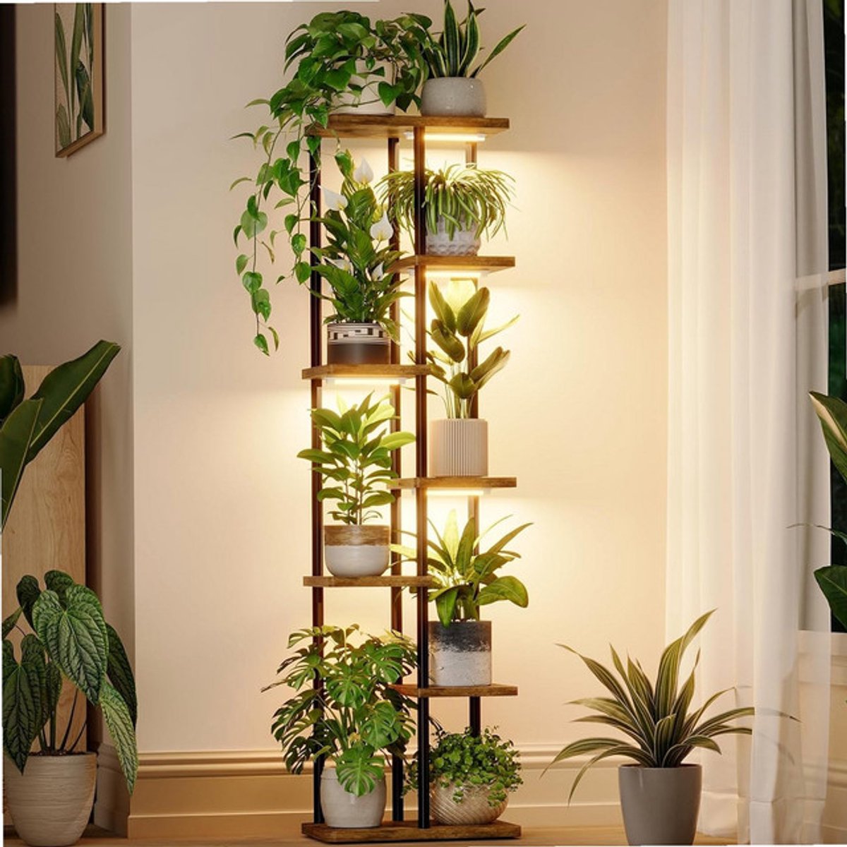 Sierra, Plantenstandaard met Groeilicht voor Kamerplanten Hoek 7 Niveaus Metalen Plantenrek Houten Bloemstandaard voor Huis Woonkamer Decoratie Terrasdecoratie