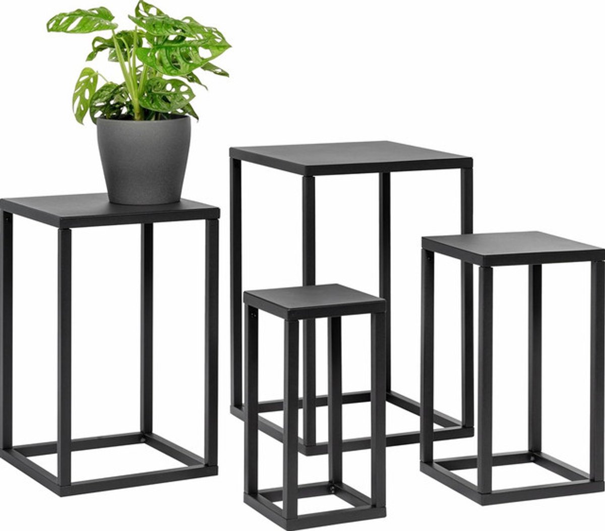 Sierra, 4-delige set bloemenkrukken, metalen plantenstandaard, moderne bloemenzuil, ideaal voor woonkamer, hal en kantoor, stabiel en ruimtebesparend rek voor decoratie en kamerplanten (Zwart)