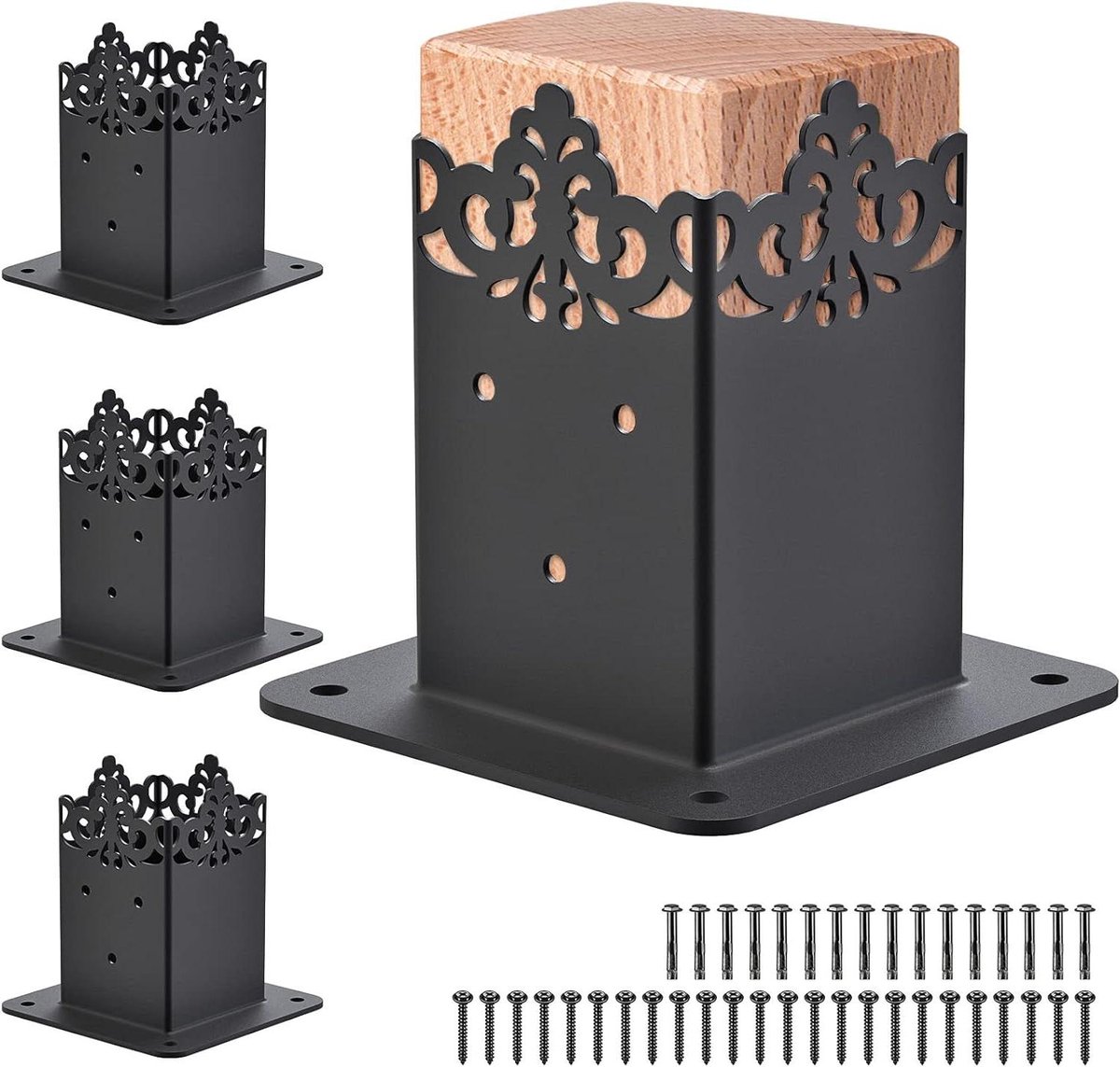 Paalanker Set - Hekpaal Houder - Hekken Plaatsen - Zwaar Metaal - 3.6x3.6 Inch Binnenmaat - Zwart