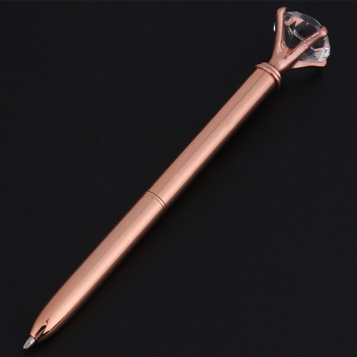 Elegante Balpen met Grote Kristallen Diamant - Inklapbare Metalen Balpen met Strass voor Studenten, School en Kantoor - Roze Goud, Luxe Schrijfaccessoire, Stijlvol Cadeau