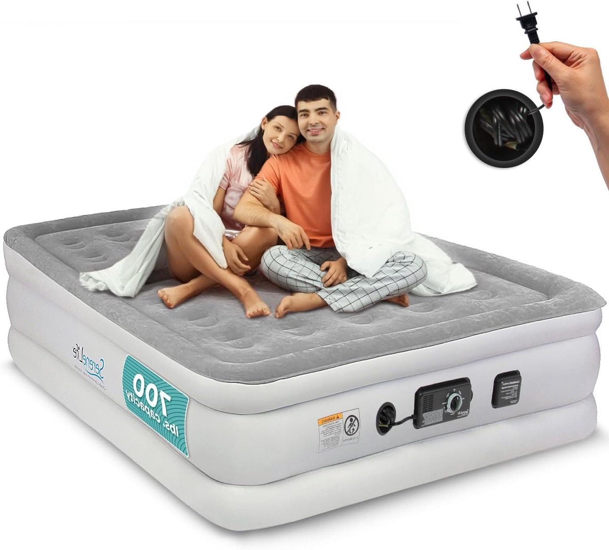Luchtbed met Pomp - Opblaasmatras Kampeerbed - Comfortabel Slapen - Verhoogd 18 inch Ontwerp - Full Maat - Grijs