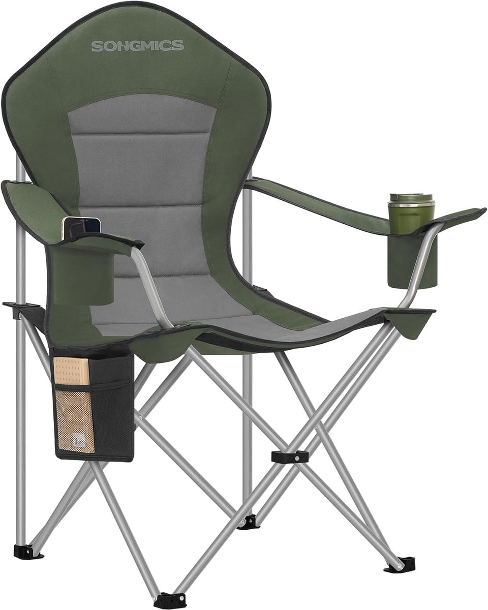 SONGMICS Campingklapstoel, brede zitting, hoge rugleuning, draagbare visstoel met bekerhouder, telefoonhouder, stoffen organizer